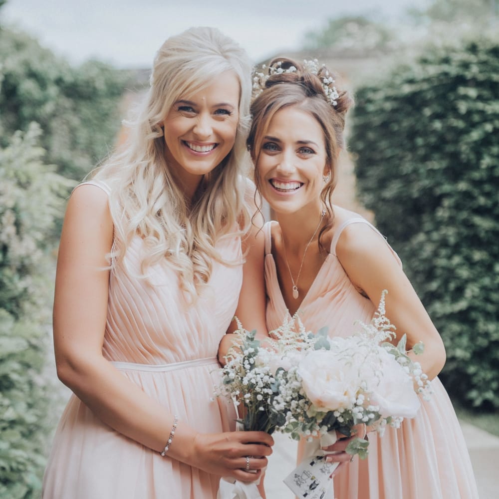 Bride &amp; Bridesmaid In Pink Dress // Pink Ruffled Chair Covers For Romantic Pastel Pink Wedding At Dorton House With Bride In La Sposa And Images From Julia &amp; You Photography