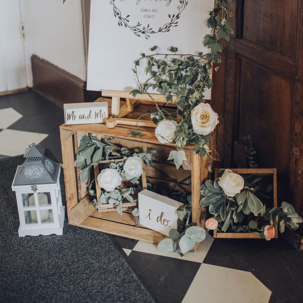 Rustic Welcome Sign For Wedding With Wooden Palettes &amp; Lanterns // Pink Ruffled Chair Covers For Romantic Pastel Pink Wedding At Dorton House With Bride In La Sposa And Images From Julia &amp; You Photography