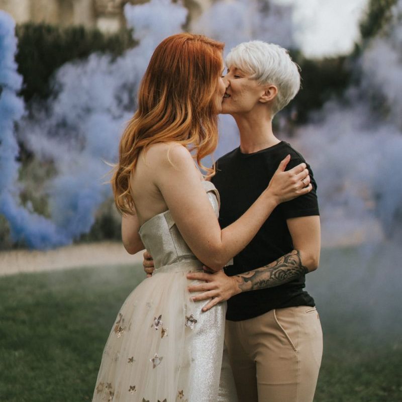 LGBTQ+ wedding photography with smoke bombs