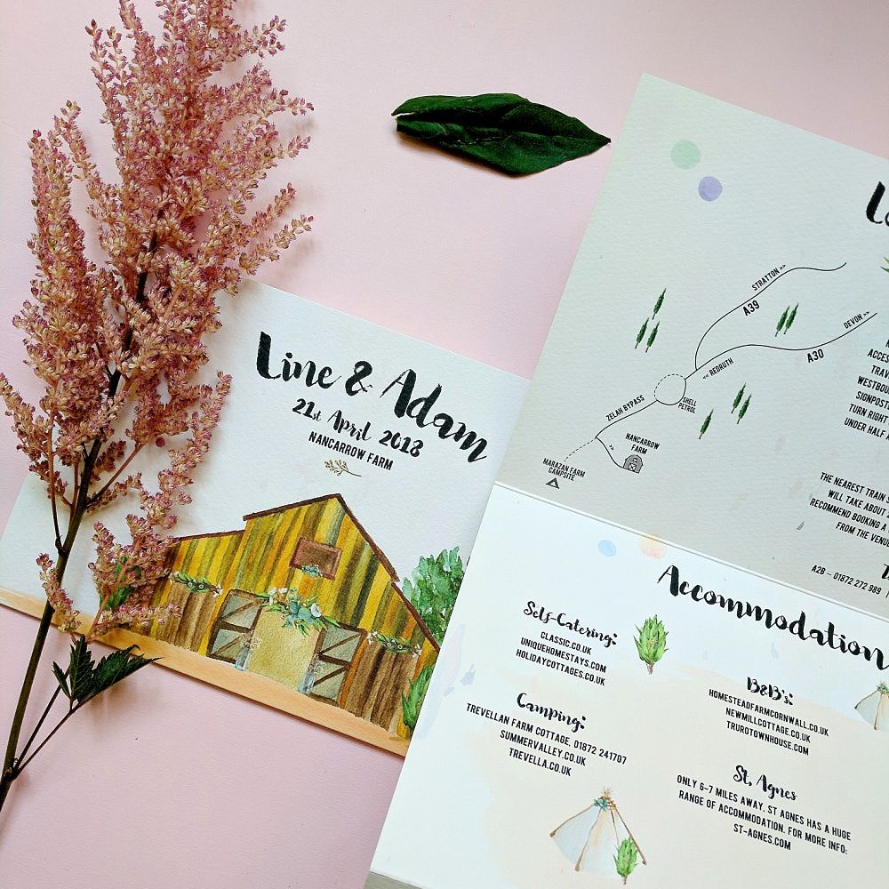 Illustrated Wedding Venue Stationery // Nancarrow Farm Cornwall Wedding With Images From Dale Weeks &amp; Bride In Maggie Sottero With Wild Flower Bouquet &amp; Hand Knitted Flower Girl Outfit