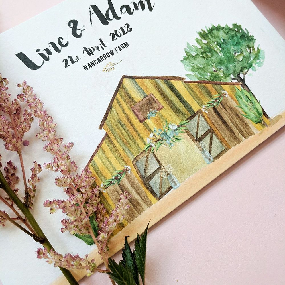 Illustrated Wedding Venue Stationery // Nancarrow Farm Cornwall Wedding With Images From Dale Weeks &amp; Bride In Maggie Sottero With Wild Flower Bouquet &amp; Hand Knitted Flower Girl Outfit