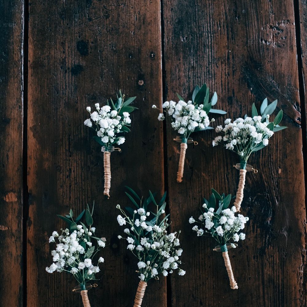 Gypsophila Buttonholes For Wedding // Nancarrow Farm Cornwall Wedding With Images From Dale Weeks &amp; Bride In Maggie Sottero With Wild Flower Bouquet &amp; Hand Knitted Flower Girl Outfit