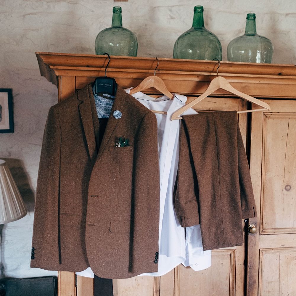 Brown Wedding Suit For Groom // Nancarrow Farm Cornwall Wedding With Images From Dale Weeks &amp; Bride In Maggie Sottero With Wild Flower Bouquet &amp; Hand Knitted Flower Girl Outfit