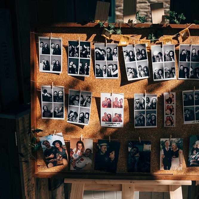 Family Polaroid Display For Wedding // Nancarrow Farm Cornwall Wedding With Images From Dale Weeks &amp; Bride In Maggie Sottero With Wild Flower Bouquet &amp; Hand Knitted Flower Girl Outfit