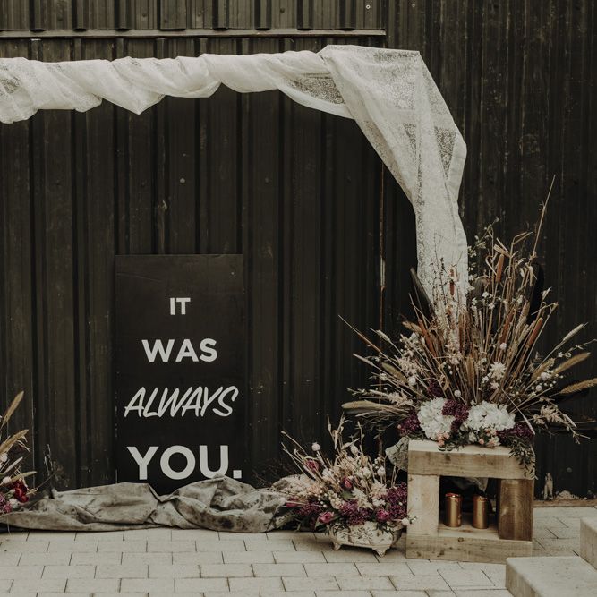 Ceremony Altar Decor with Drapes, Contemporary Wedding Sign and Dried Flower Arrangements