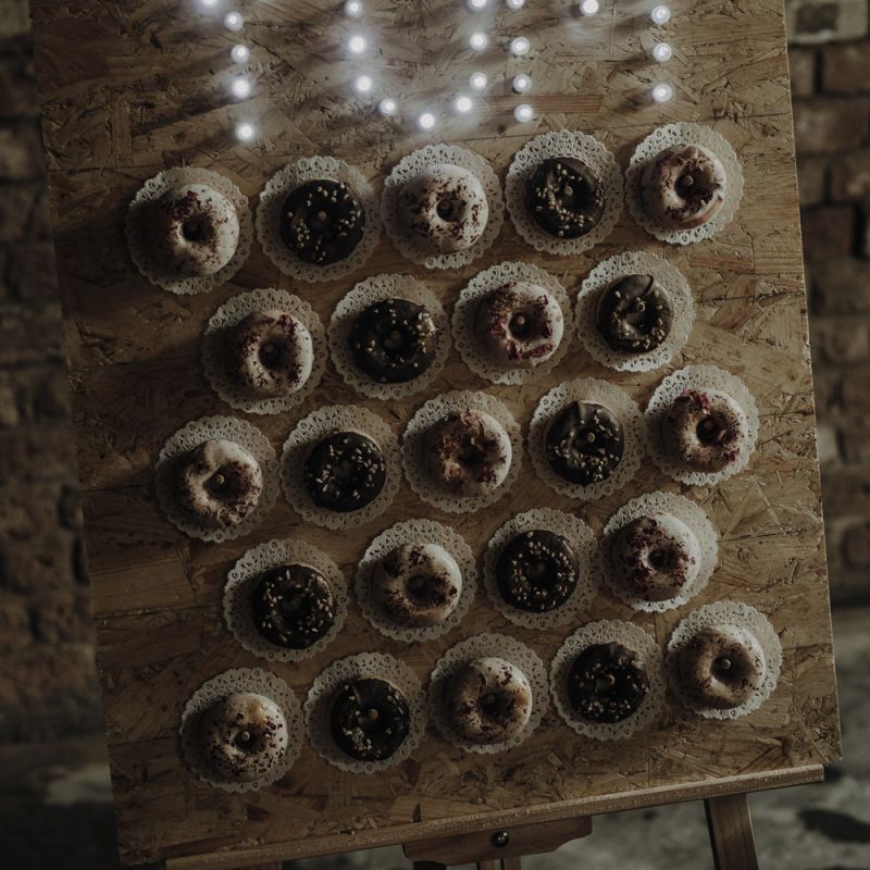Doughnut Wall with YUM Wedding Light Sign