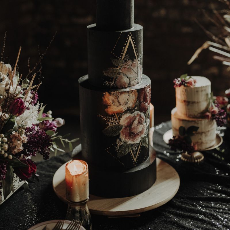 Tall Black Wedding Cake with Floral Motif by Polka Dot Cakes