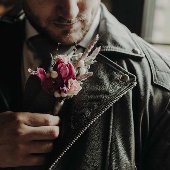 Purple Tulip and Dried Flower Grooms Buttonhole