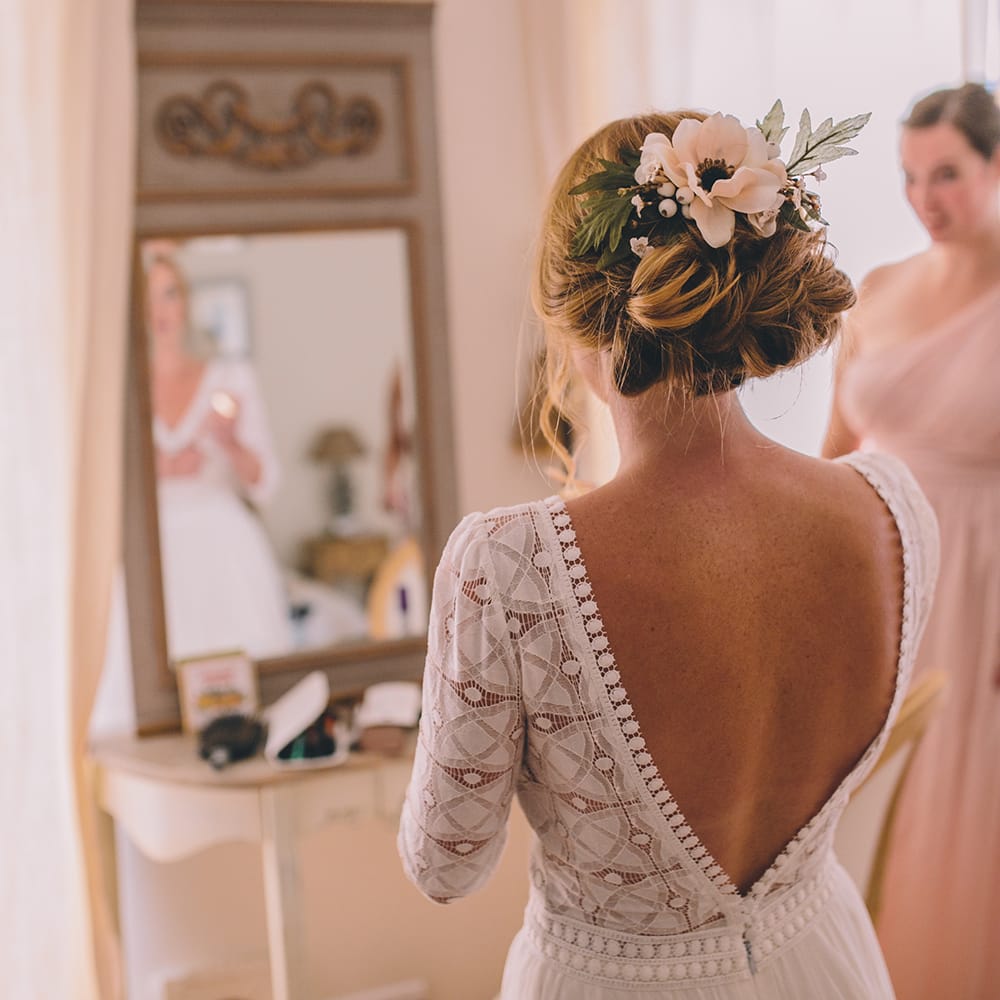 Bride in Backless Marie Laporte Wedding Dress | Blush Outdoor Destination Wedding at Chateau de Séréville, France  |  Story + Colour Photography