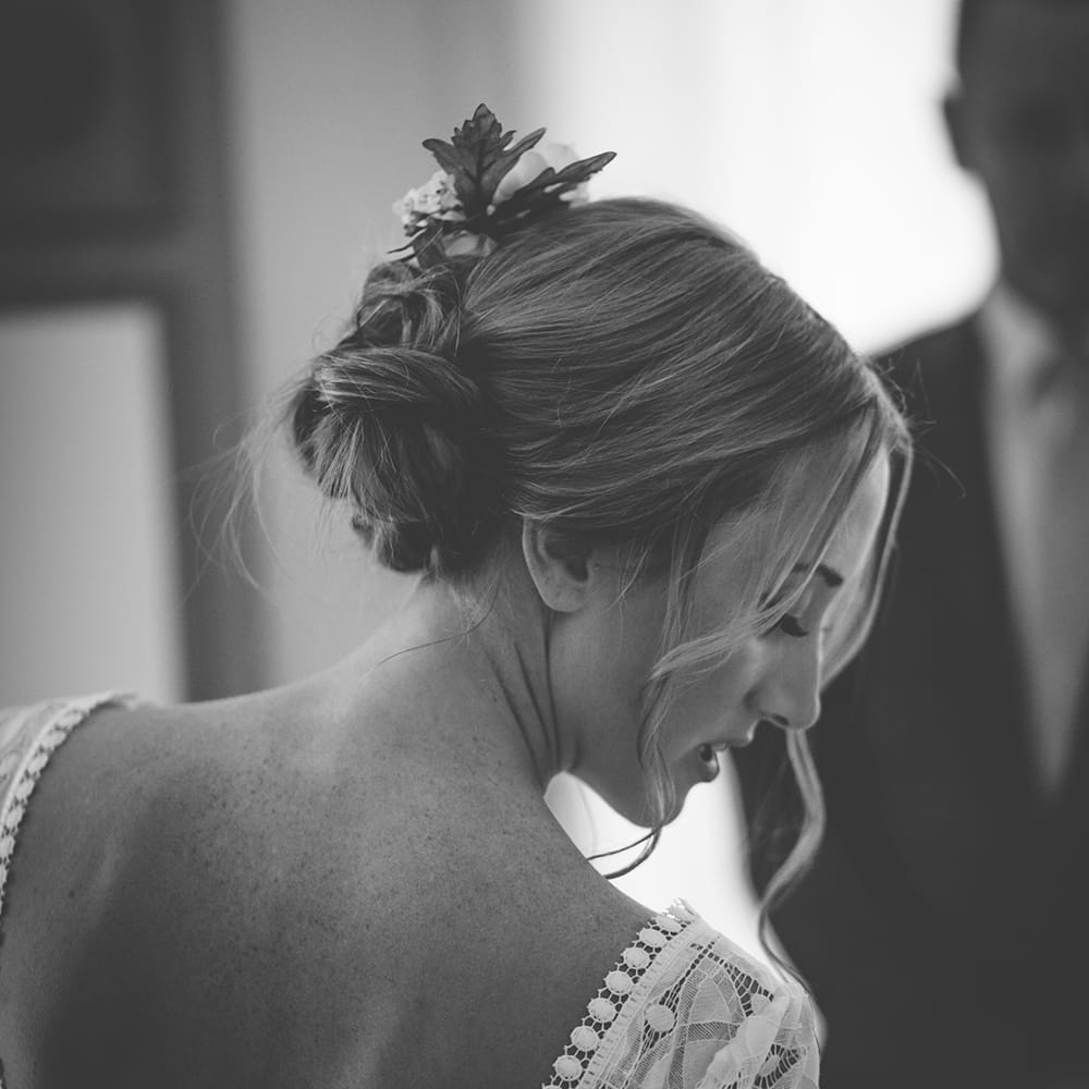 Bride in Backless Marie Laporte Wedding Dress | Blush Outdoor Destination Wedding at Chateau de Séréville, France  |  Story + Colour Photography