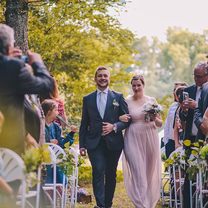 Wedding Ceremony | Pink Adrianne Papell Bridesmaid Dress | Groomsman in Navy Suit | Blush Outdoor Destination Wedding at Chateau de Séréville, France  |  Story + Colour Photography