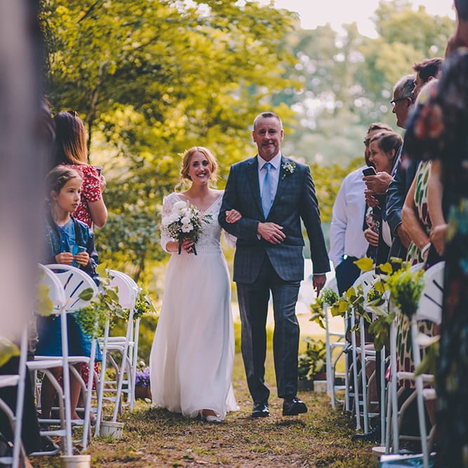 Wedding Ceremony | Bridal Entrance in Marie Laporte Wedding Dress | Blush Outdoor Destination Wedding at Chateau de Séréville, France  |  Story + Colour Photography