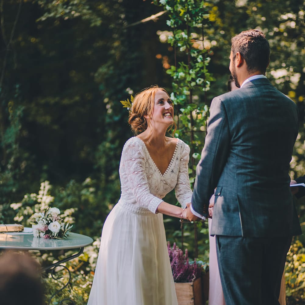 Wedding Ceremony | Bride in Marie Laporte Wedding Dress | Groom in Father &amp; Sons Blue Suit | Blush Outdoor Destination Wedding at Chateau de Séréville, France  |  Story + Colour Photography
