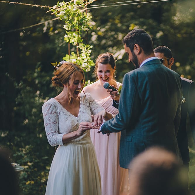 Wedding Ceremony | Bride in Marie Laporte Wedding Dress | Groom in Father &amp; Sons Blue Suit | Blush Outdoor Destination Wedding at Chateau de Séréville, France  |  Story + Colour Photography