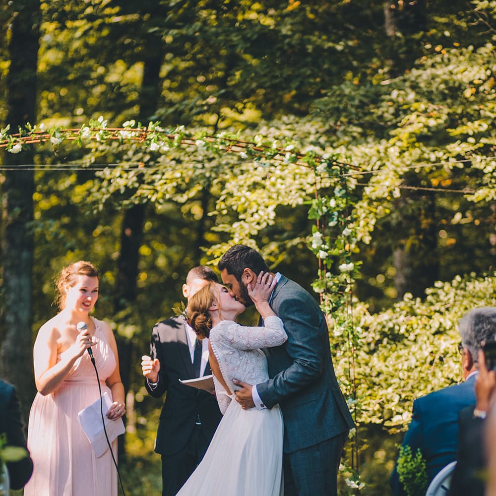 Wedding Ceremony | Bride in Marie Laporte Wedding Dress | Groom in Father &amp; Sons Blue Suit | Blush Outdoor Destination Wedding at Chateau de Séréville, France  |  Story + Colour Photography