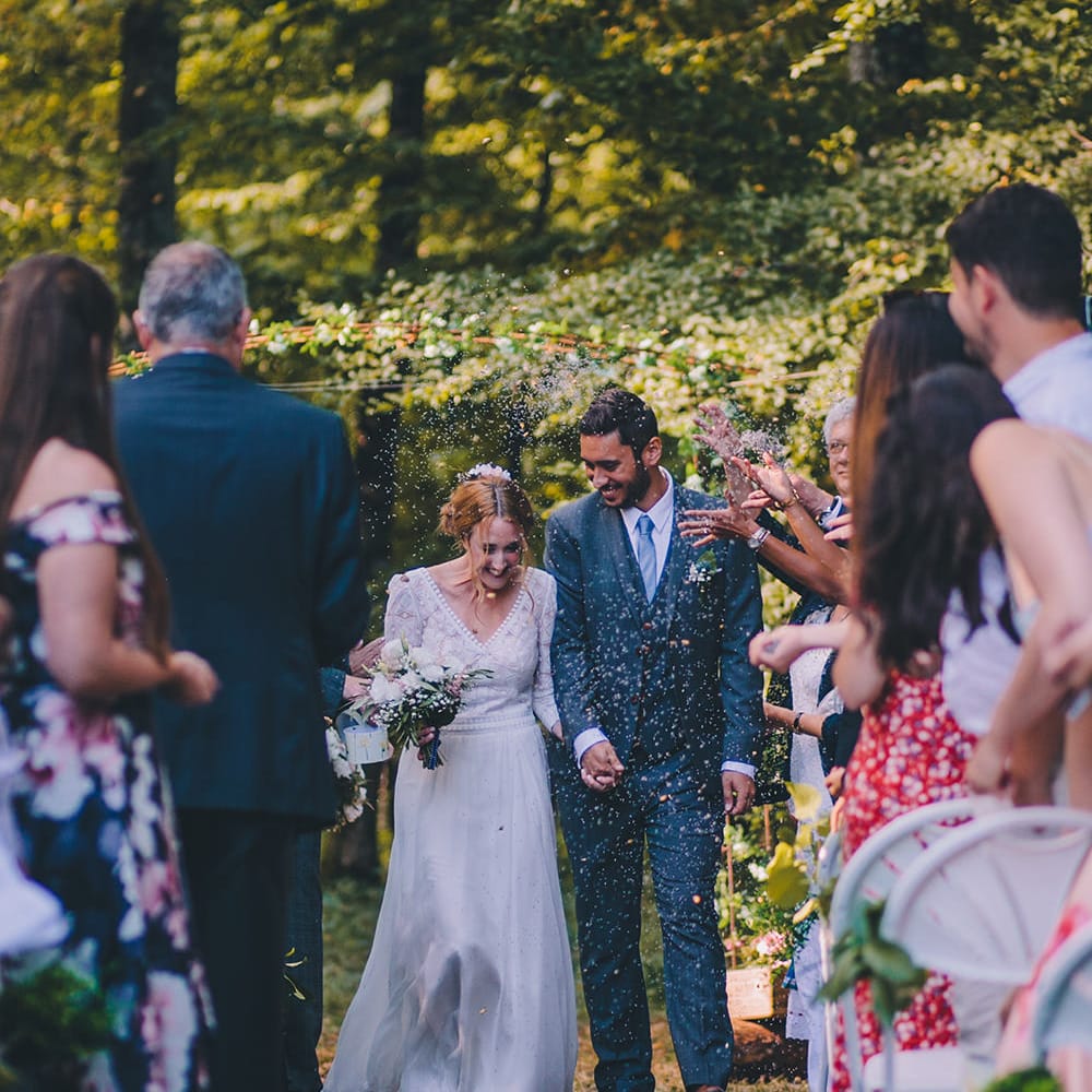 Wedding Ceremony | Bride in Marie Laporte Wedding Dress | Groom in Father &amp; Sons Blue Suit | Blush Outdoor Destination Wedding at Chateau de Séréville, France  |  Story + Colour Photography