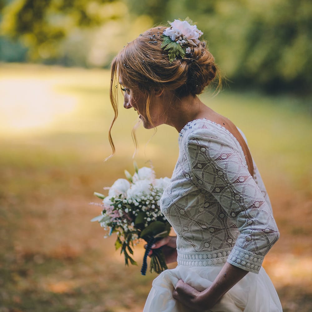 Bride in Marie Laporte Wedding Dress | Blush Outdoor Destination Wedding at Chateau de Séréville, France  |  Story + Colour Photography