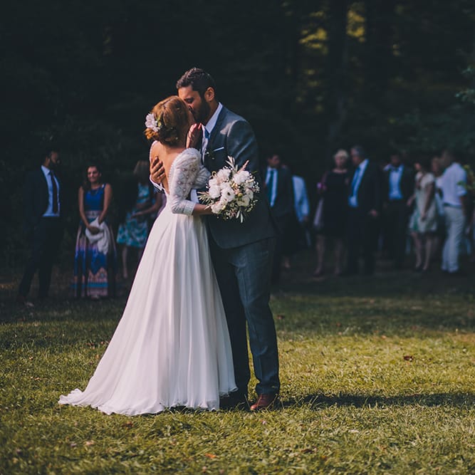 Bride in Marie Laporte Wedding Dress | Groom in Father &amp; Sons Blue Suit | Blush Outdoor Destination Wedding at Chateau de Séréville, France  |  Story + Colour Photography