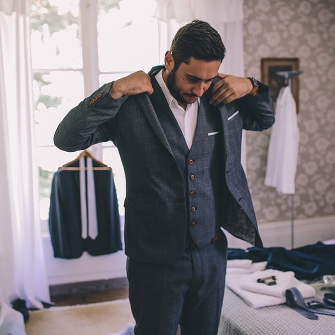 Groom in Father &amp; Son Blue Suit | Blush Outdoor Destination Wedding at Chateau de Séréville, France  |  Story + Colour Photography