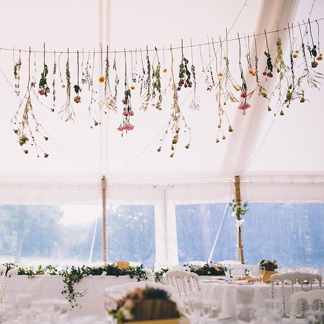 Hanging Flower Stems Wedding Decor | Blush Outdoor Destination Wedding at Chateau de Séréville, France  |  Story + Colour Photography