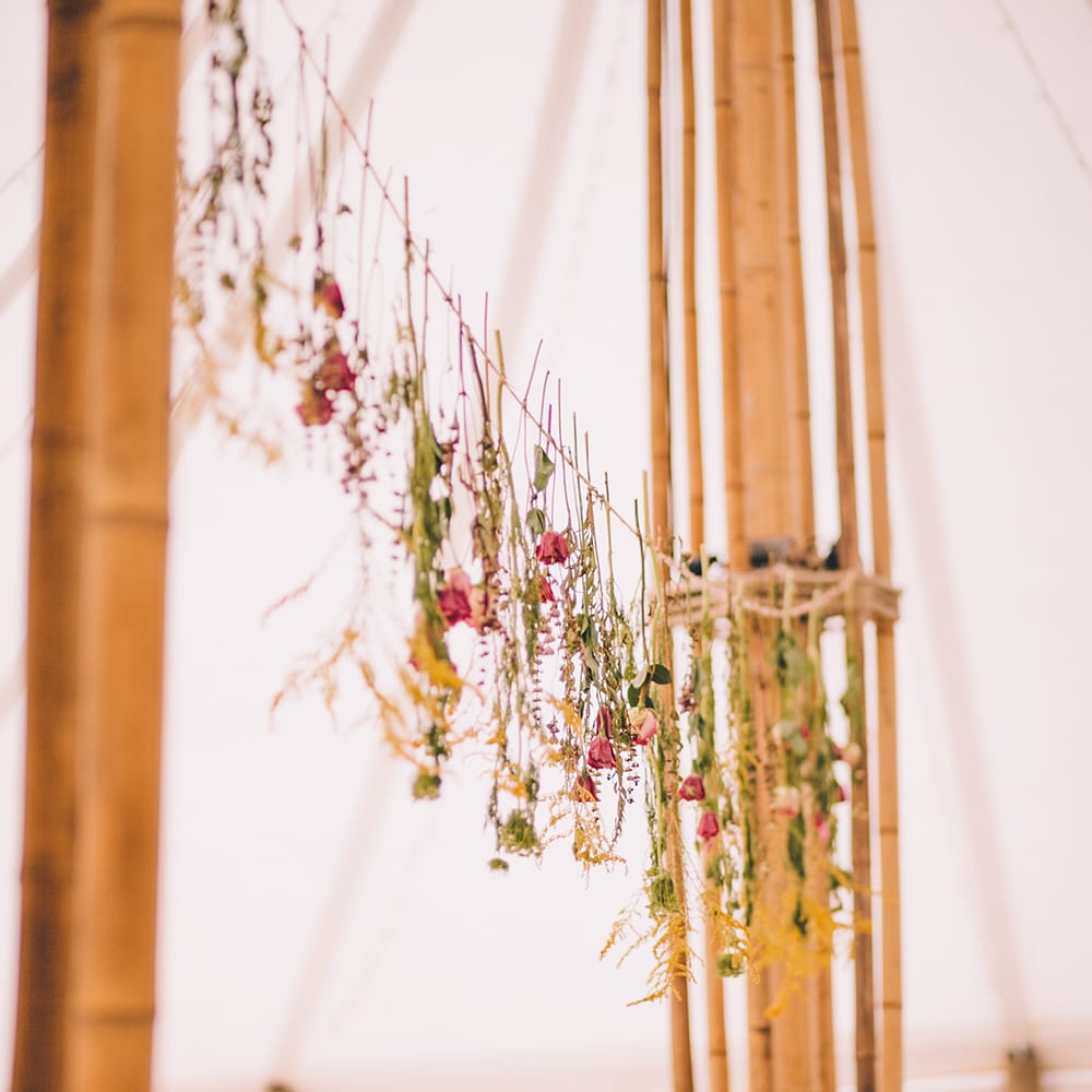 Hanging Flower Stems Wedding Reception Decor | Blush Outdoor Destination Wedding at Chateau de Séréville, France  |  Story + Colour Photography