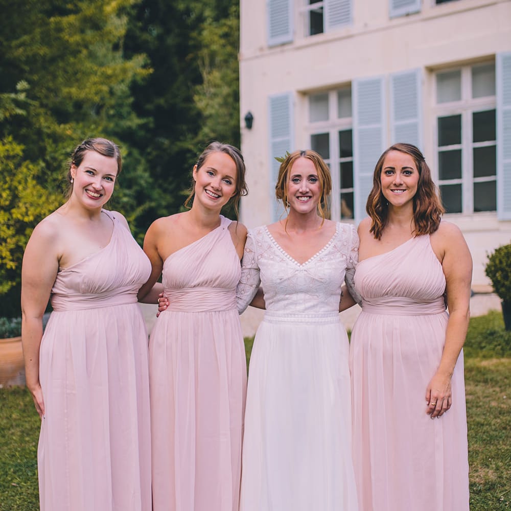 Bridal Party | Bridesmaids in Pink Adrianne Papell Dresses | Bride in Marie Laporte Bridal Gown | Blush Outdoor Destination Wedding at Chateau de Séréville, France  |  Story + Colour Photography