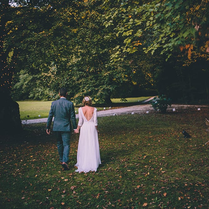 Bride in Marie Laporte Wedding Dress | Groom in Father &amp; Sons Blue Suit | Blush Outdoor Destination Wedding at Chateau de Séréville, France  |  Story + Colour Photography