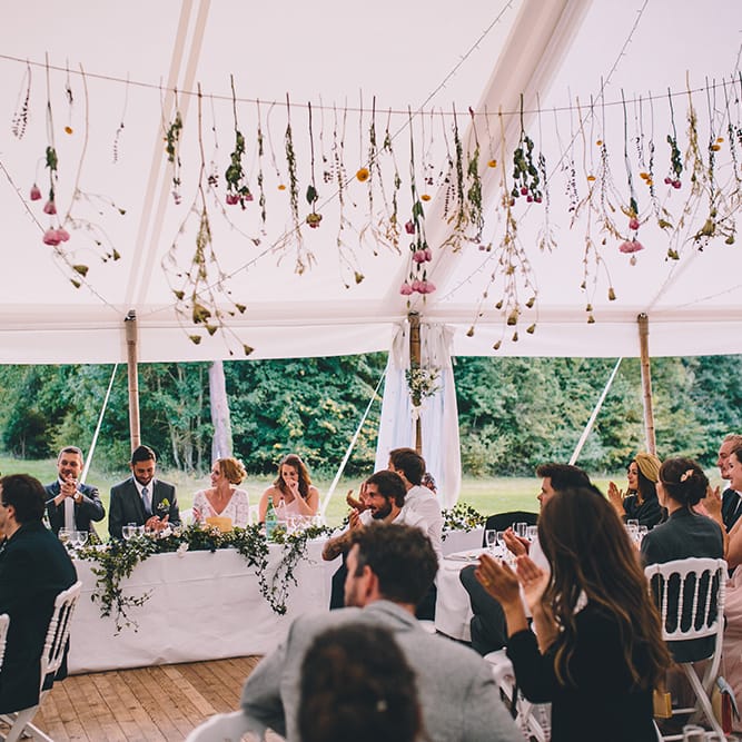 Marquee Reception with Hanging Flower Stem Decor | Blush Outdoor Destination Wedding at Chateau de Séréville, France  |  Story + Colour Photography