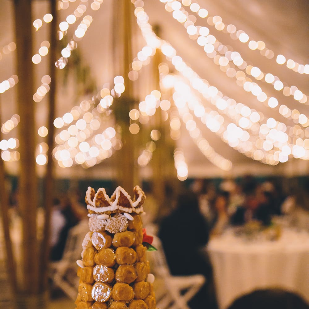 Pastry Wedding Cake | Fairy Light Wedding Decor | Blush Outdoor Destination Wedding at Chateau de Séréville, France  |  Story + Colour Photography