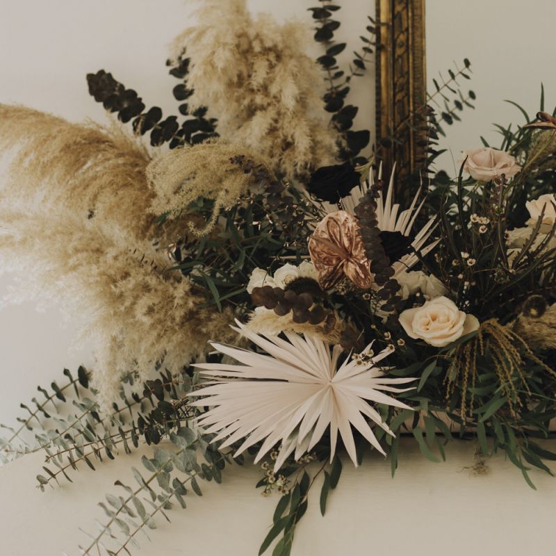 Fireplace Flowers with Dried Palm Leaves, Grasses, Foliage, Muted Flowers