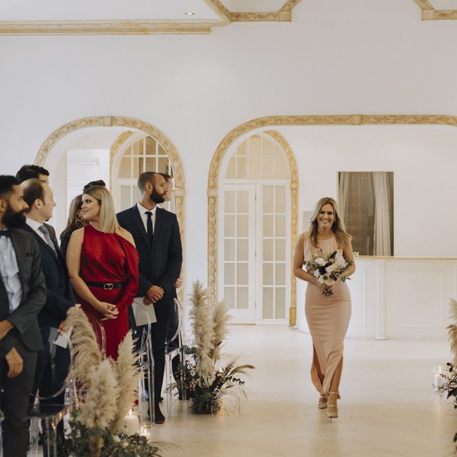 Wedding Ceremony Bridesmaid Entrance in Blush Pink Whistles Dress