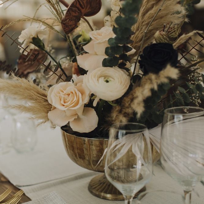 Soft Muted Flowers, Dried Grasses and Foliage Wedding Flower Arrangement