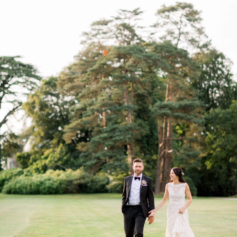 Bride and groom at black tie Lulworth Castle wedding