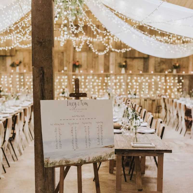 Seating chart for barn wedding with vegan wedding breakfast
