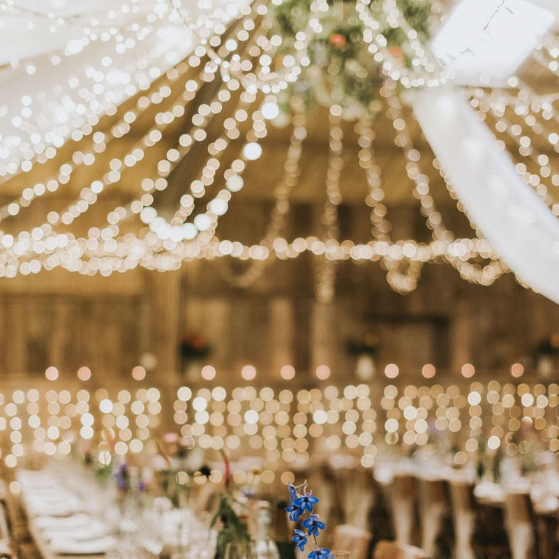 Fairy light canopy and drapes over vegan wedding breakfast