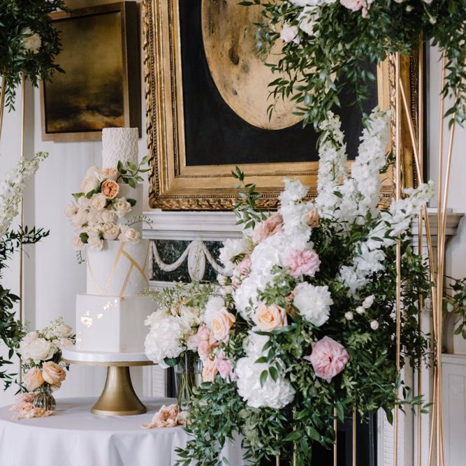 Dessert table with luxury wedding cake and floral decor