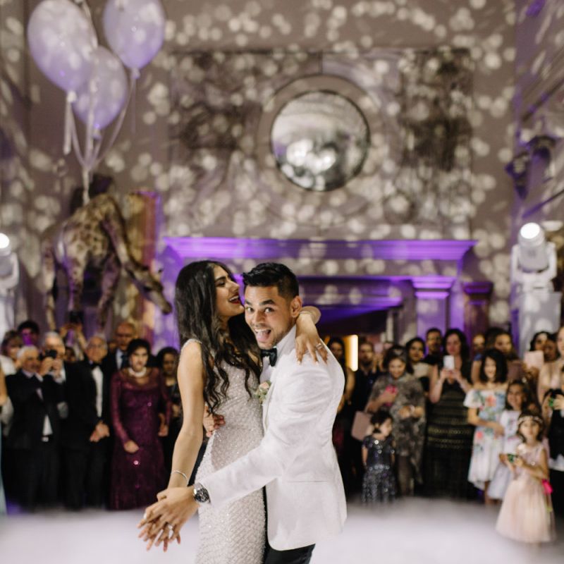 Bride and groom first dance at black tie Aynhoe Park wedding