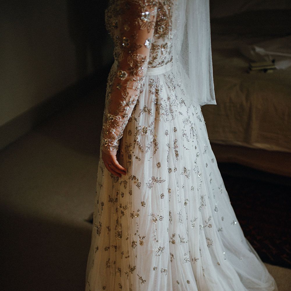 Bride in Bead Embellished Needle &amp; Thread Gown with Cascading Tulle Skirt and Semi Sheer Sleeves