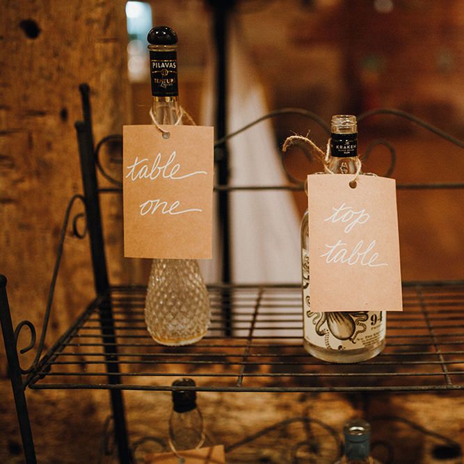 Table Plan with Bottles and Kraft Labels | Mariachi Band and Persian Rug Aisle for Autumn Wedding | Leah Lombardi Weddings