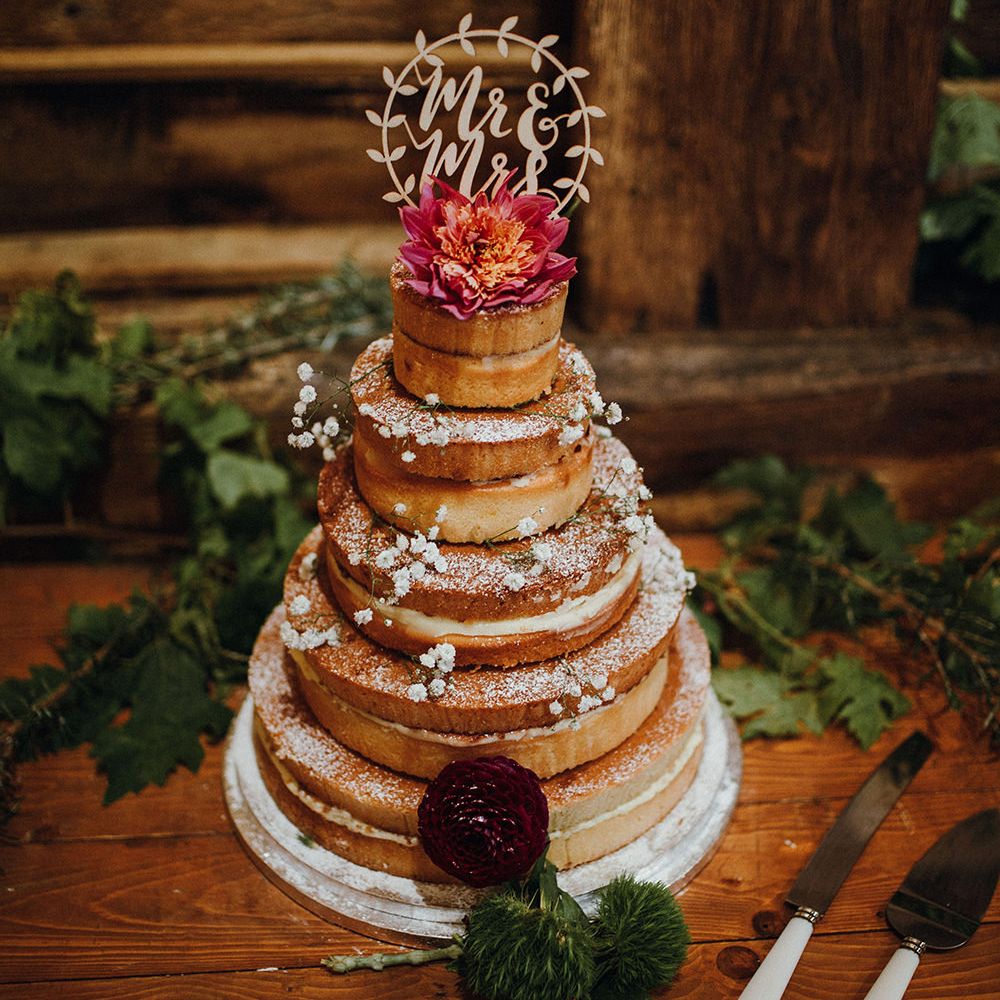 Naked Wedding Cake from Waitrose | Wooden Mr and Mrs Cake Topper | Mariachi Band and Persian Rug Aisle for Autumn Wedding | Leah Lombardi Weddings