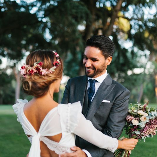 Stylish Wedding Dress with beautiful Back Detail from Beba’s Closet, for a Destination Wedding at Castillo de Viñuelas in Madrid, Spain | Lorena San José Photography