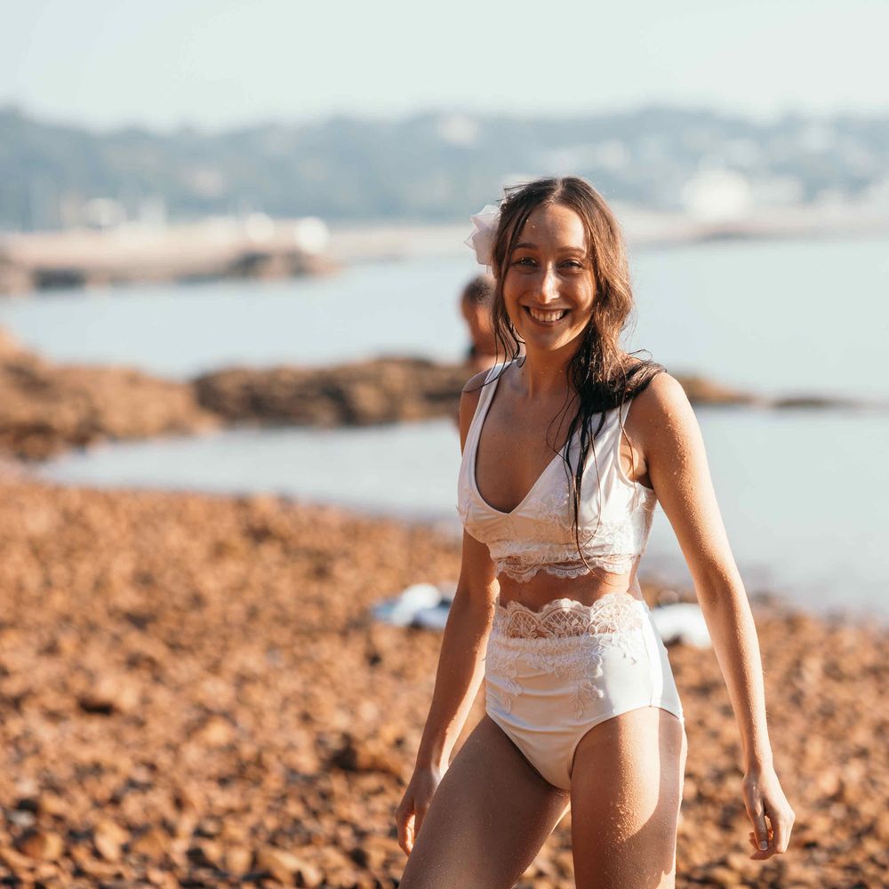 Bridal Lace Bikini | 7am Morning Sea Swim On The Wedding | Marquee in Jersey | Foliage Installations | Quints of Jersey Stationery | Bride Wears Enzoani | Images by Max Burnett