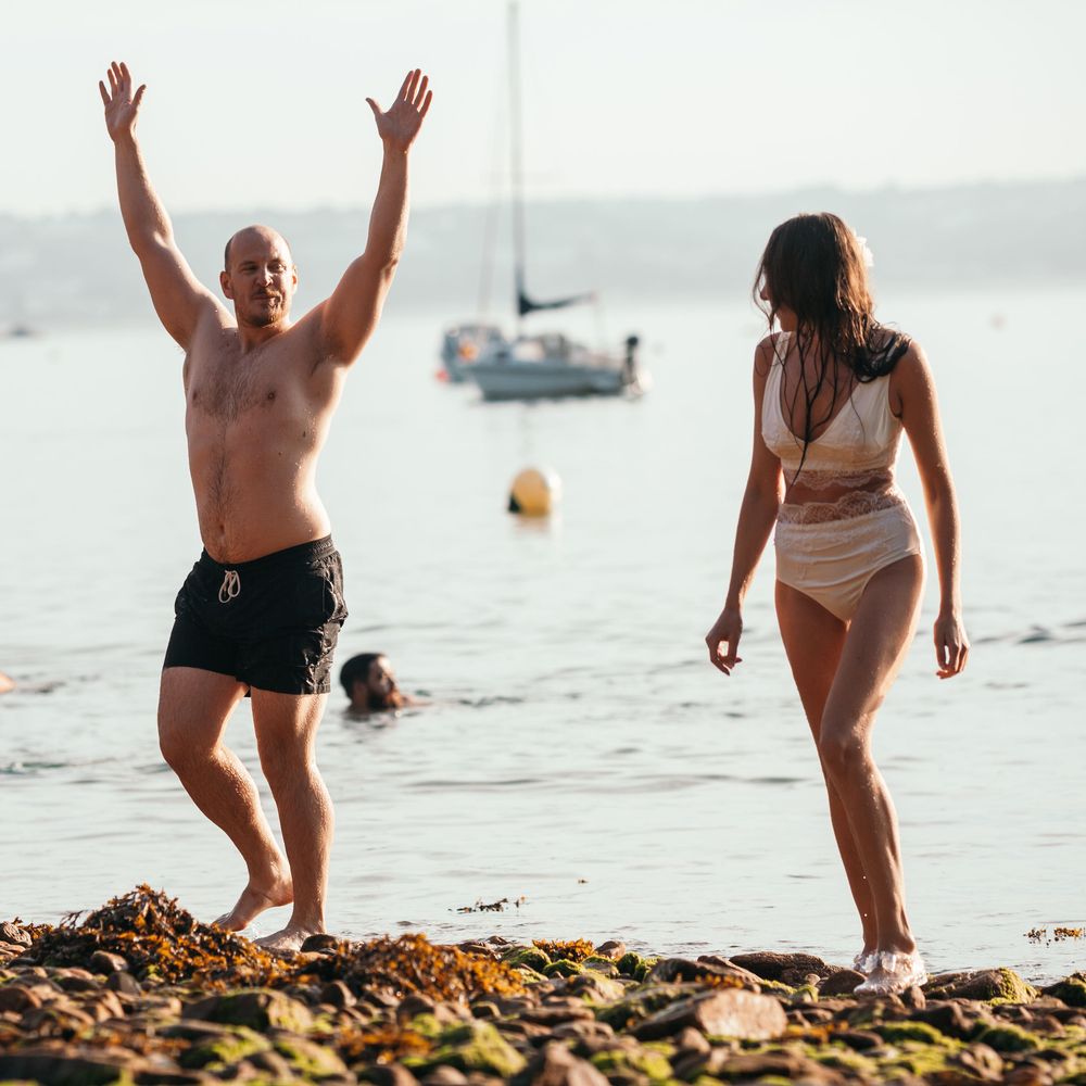Bridal Lace Bikini | 7am Morning Sea Swim On The Wedding | Marquee in Jersey | Foliage Installations | Quints of Jersey Stationery | Bride Wears Enzoani | Images by Max Burnett