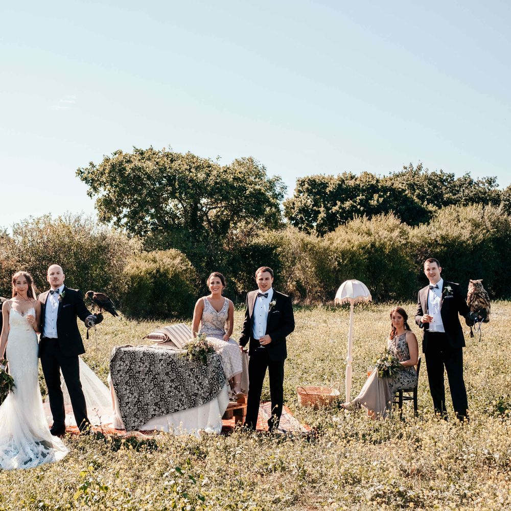 Falconry Club Comes to Wedding. Marquee in Jersey. Foliage Installations. Stationery by Quints of Jersey. Bride Wears Enzoani. Photography by Max Burnett
