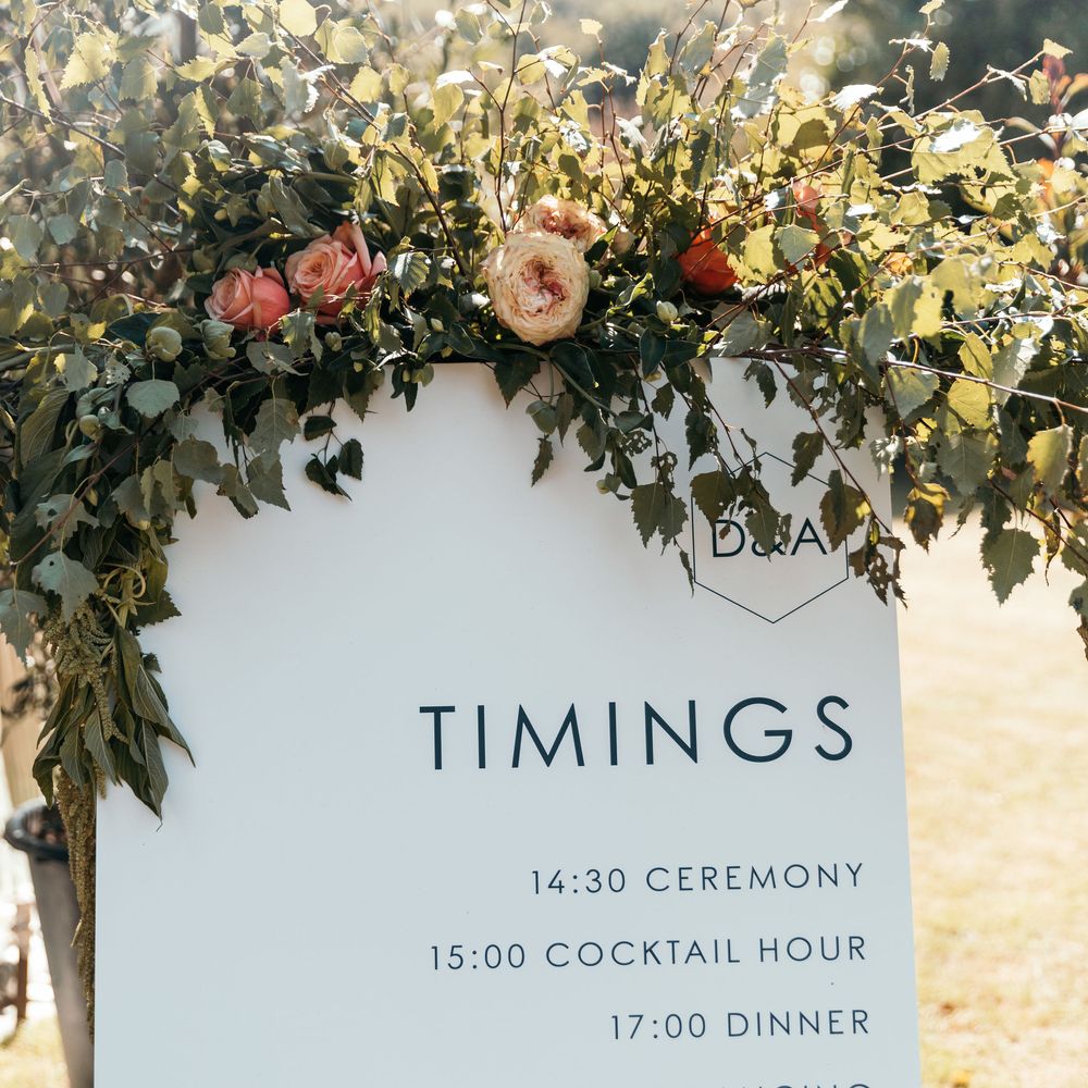 Large Format Stationery Printing, Timings for Wedding. Enchanted Forest Theme | Florals and Foliage Installations by Eden by Claire | Quints of Jersey Stationery | Bride Wears Enzoani | Images by Max Burnett