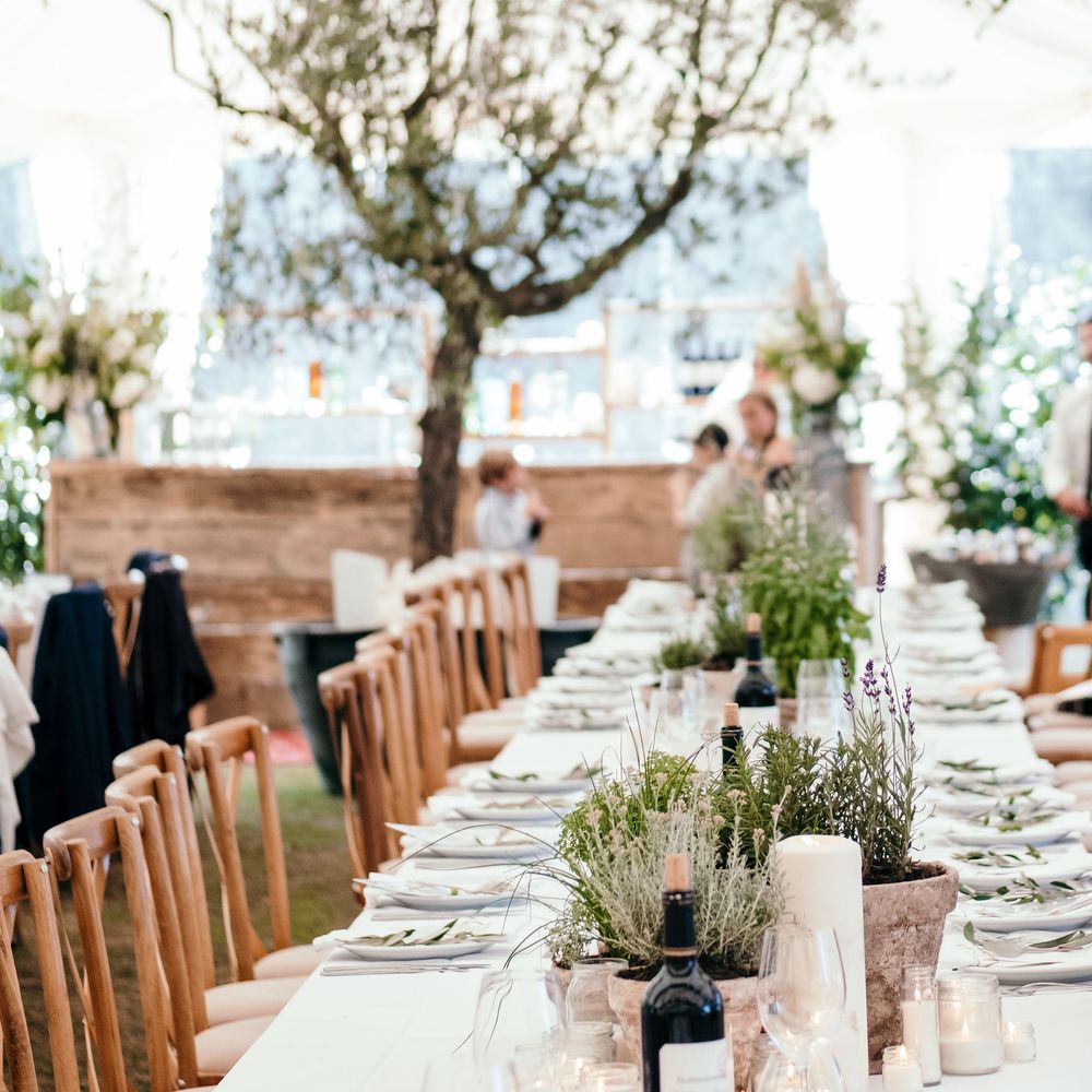 Table Decor.  Table Names and Potted Herbs. Marquee in Jersey. Foliage Installations. Stationery by Quints of Jersey. Bride Wears Enzoani. Photography by Max Burnett
