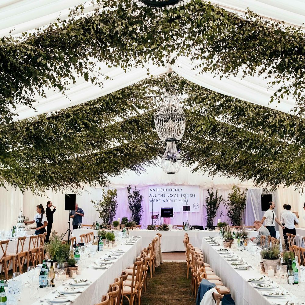 Greenery Foliage Installation for Marquee. Enchanted Forest Theme . Florals and Foliage Installations by Eden by Claire | Quints of Jersey Stationery | Bride Wears Enzoani | Images by Max Burnett