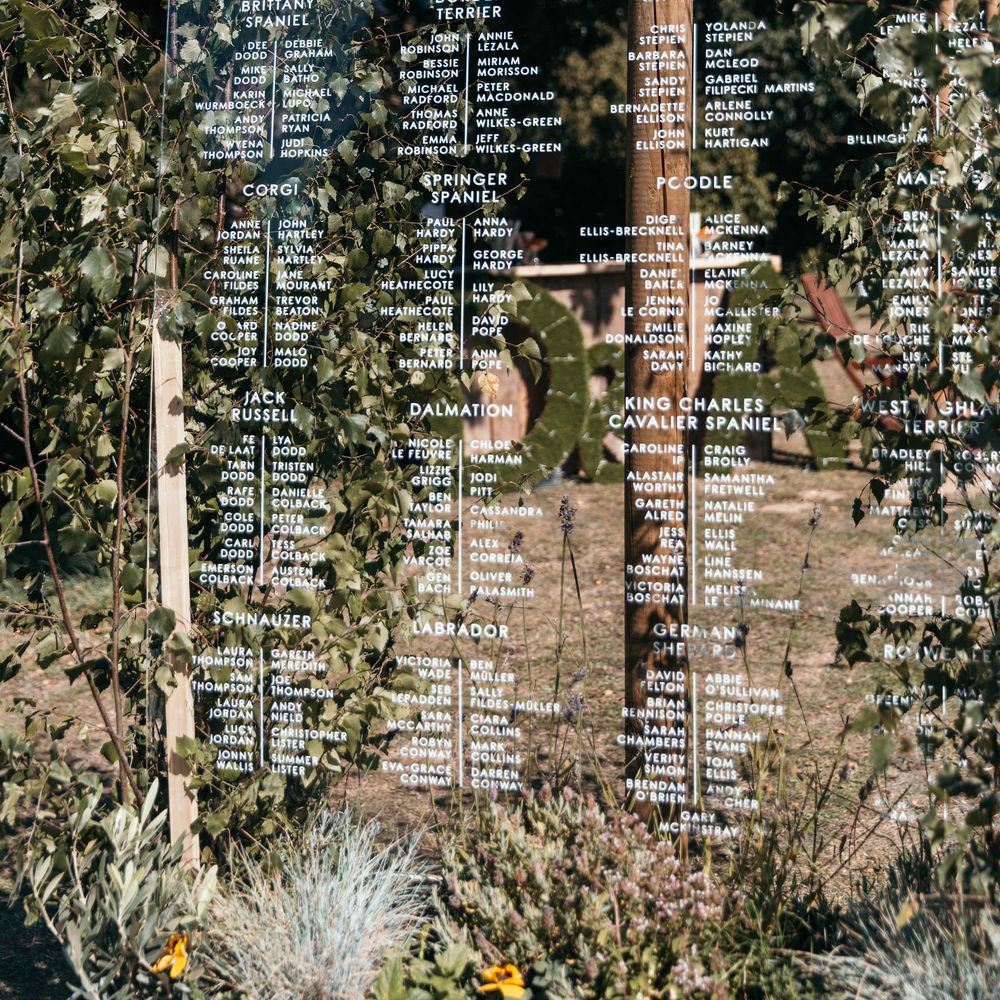 Acrylic Table Plan. Marquee in Jersey. Foliage Installations. Stationery by Quints of Jersey. Bride Wears Enzoani. Photography by Max Burnett