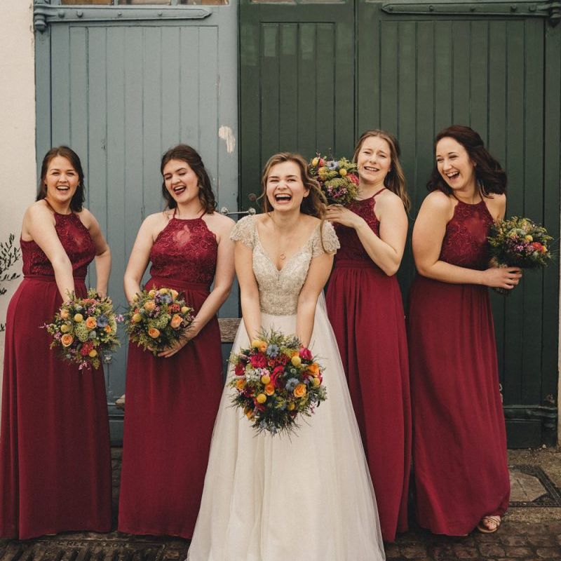 bridal party portrait with former 2014 Great British Bake Off contestant Martha Collinson in a customised Morilee wedding dress