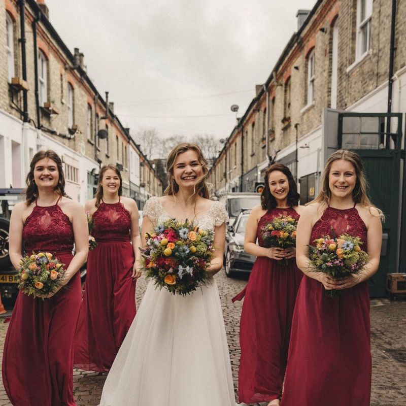 Bridal party portrait with bridesmaids in red dress holding colourful bouquets
